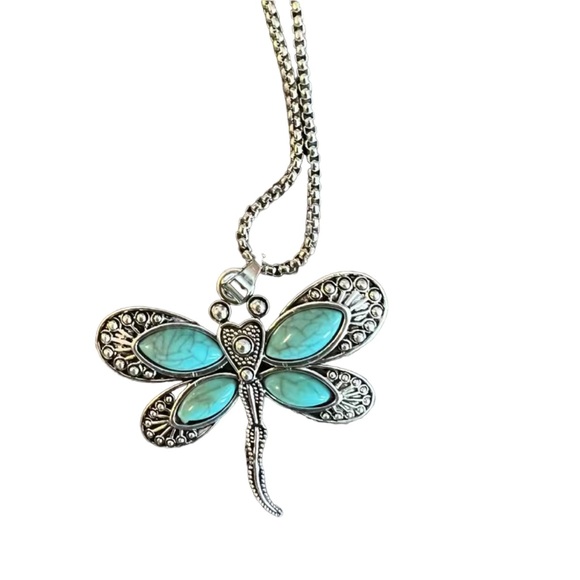Antique Silver and Turquoise Dragonfly Pendant Necklace - Picture 4 of 6